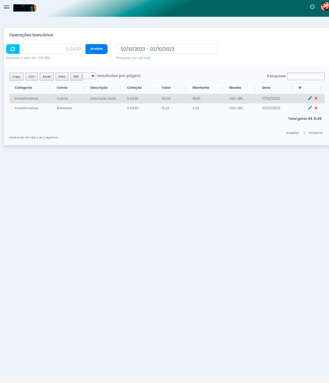 Sistema financeiro com base ma cotação do dolar
